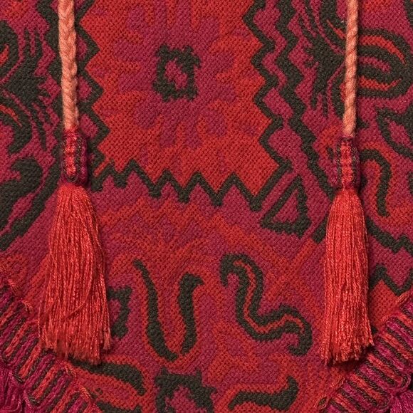 Vintage 1970s Red Folk Tapestry V-Neck Poncho Cape Fringe Tassels Hippie Art EUC - Picture 3 of 5